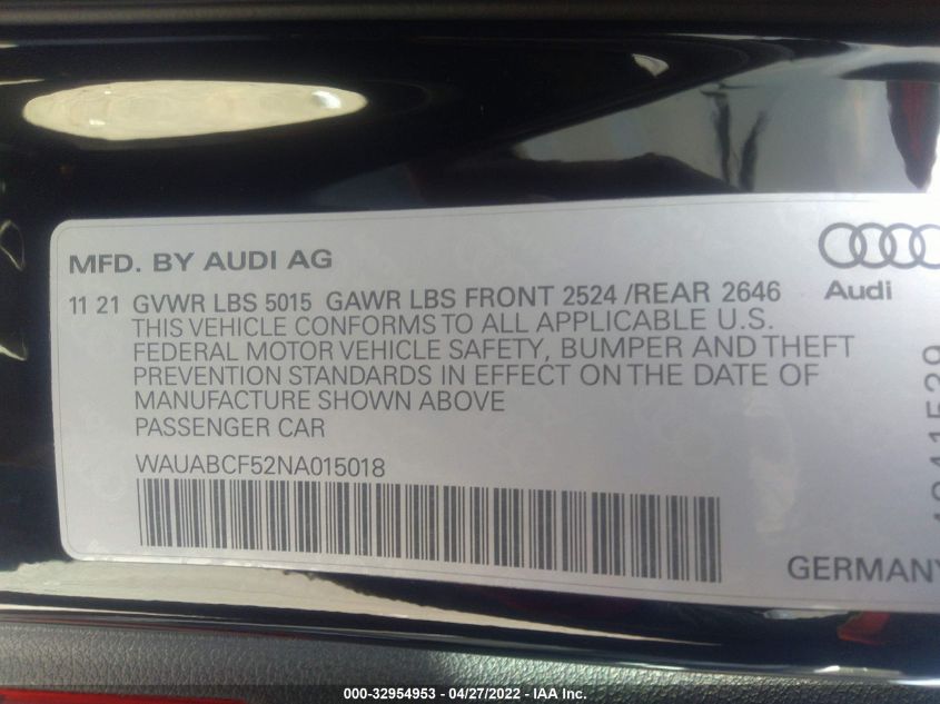 2022 AUDI A5 SPORTBACK PREMIUM WAUABCF52NA015018