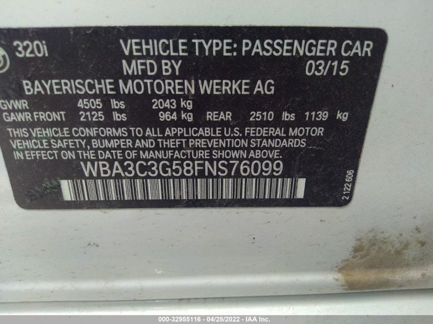 2015 BMW 3 SERIES 320I XDRIVE WBA3C3G58FNS76099