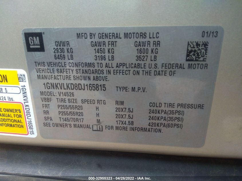 2013 CHEVROLET TRAVERSE LTZ 1GNKVLKD8DJ165815