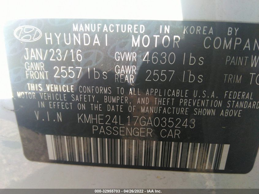 2016 HYUNDAI SONATA HYBRID SE KMHE24L17GA035243