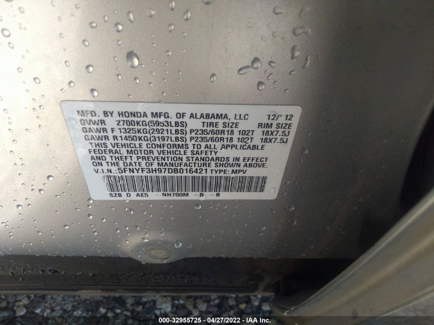 2013 HONDA PILOT TOURING 5FNYF3H97DB016421