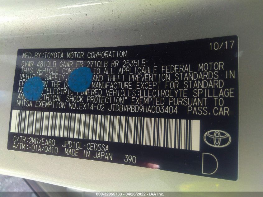 2017 TOYOTA MIRAI JTDBVRBD9HA003404