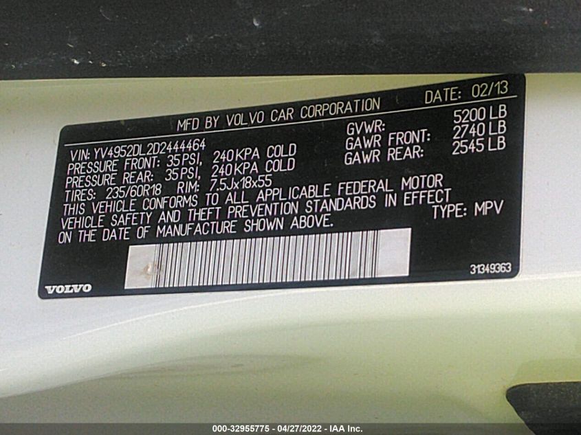 2013 VOLVO XC60 3.2L YV4952DL2D2444464