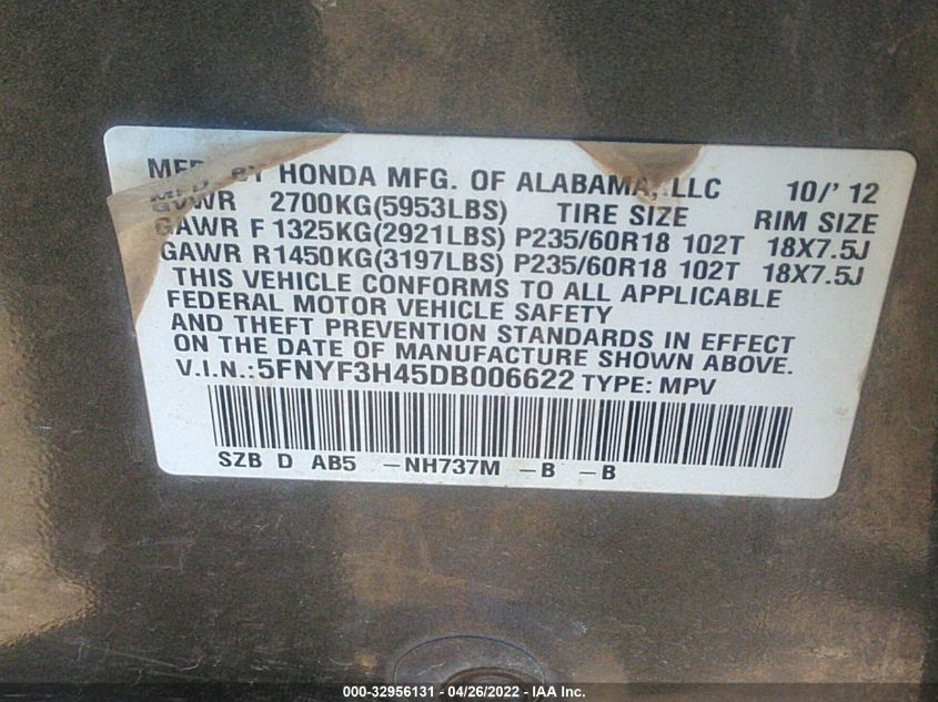 2013 HONDA PILOT EX 5FNYF3H45DB006622