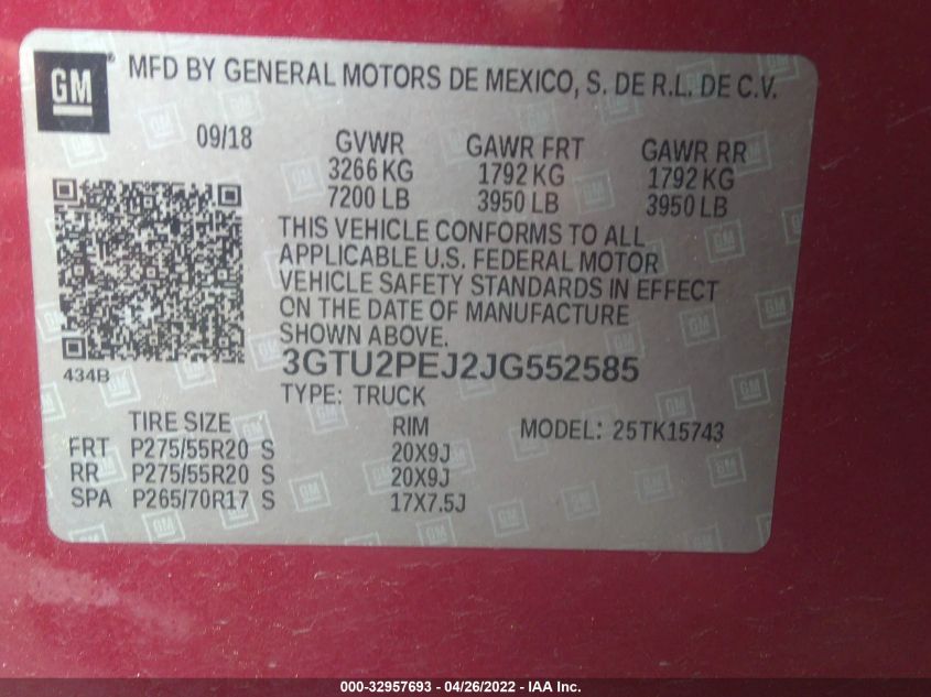 2018 GMC SIERRA 1500 DENALI 3GTU2PEJ2JG552585