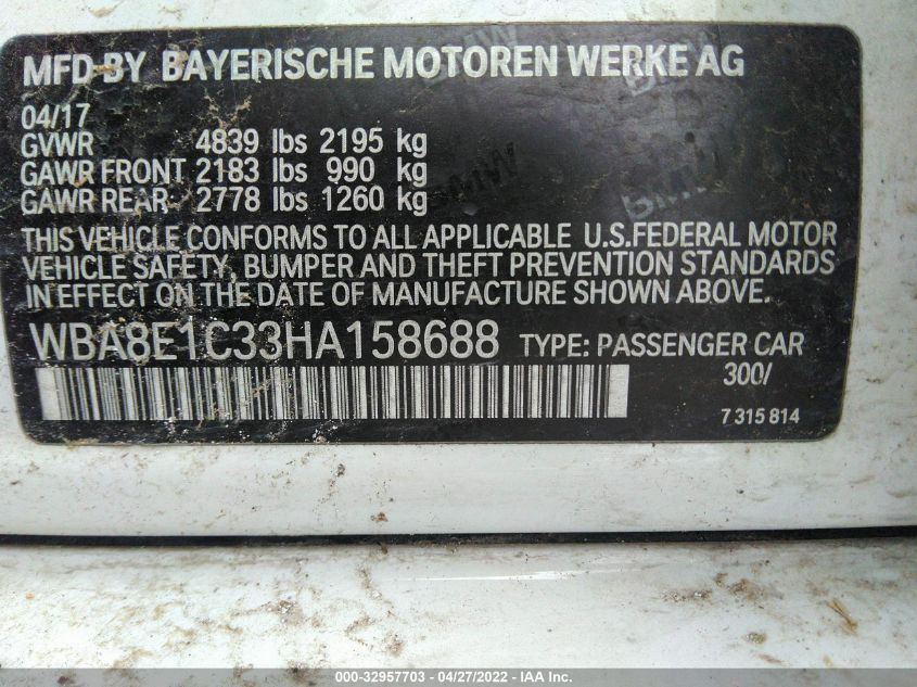 2017 BMW 3 SERIES 330E IPERFORMANCE WBA8E1C33HA158688