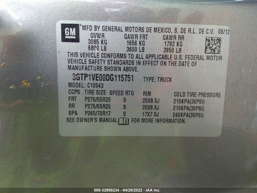 2013 GMC SIERRA 1500 SLE 3GTP1VE00DG115751
