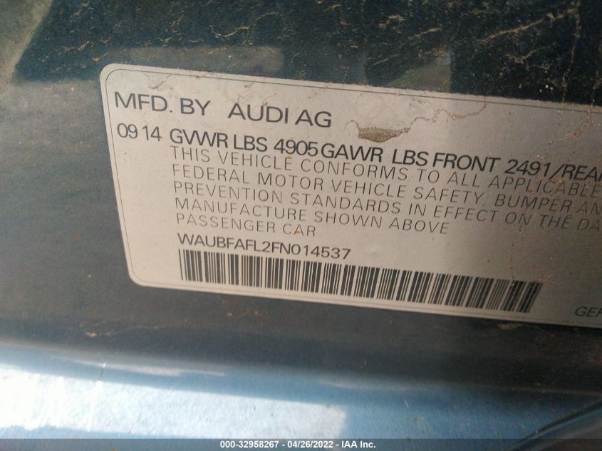 2015 AUDI A4 PREMIUM WAUBFAFL2FN014537