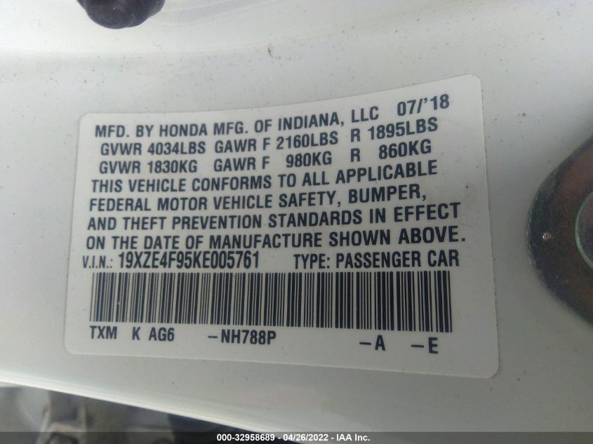 2019 HONDA INSIGHT TOURING 19XZE4F95KE005761