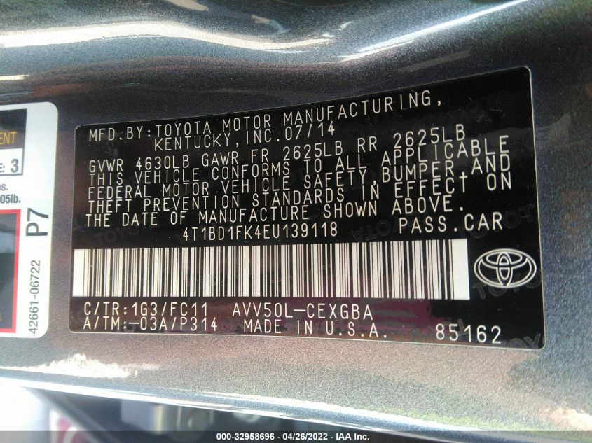 2014 TOYOTA CAMRY HYBRID LE/XLE/SE LIMITED EDITION 4T1BD1FK4EU139118