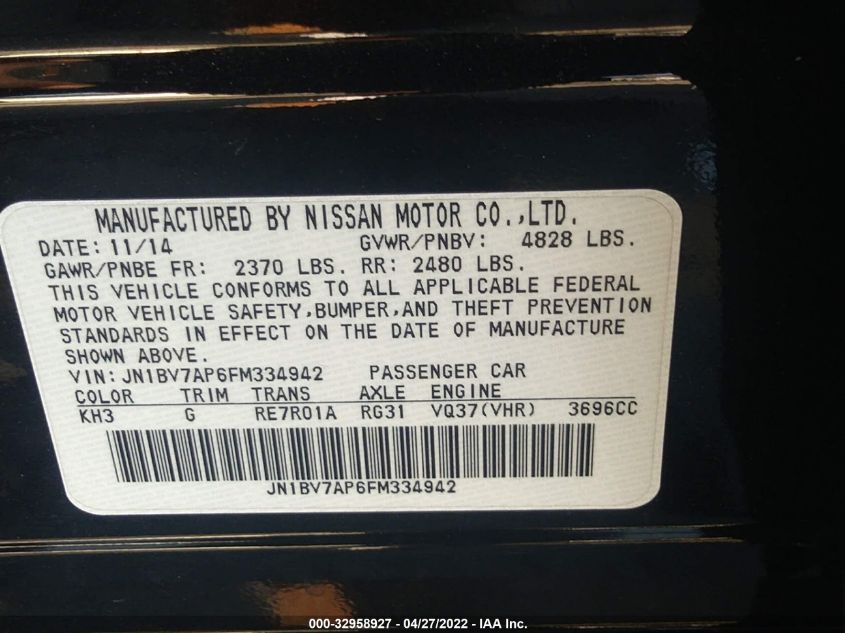 2015 INFINITI Q50 JN1BV7AP6FM334942