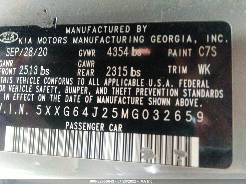2021 KIA K5 GT-LINE 5XXG64J25MG032659