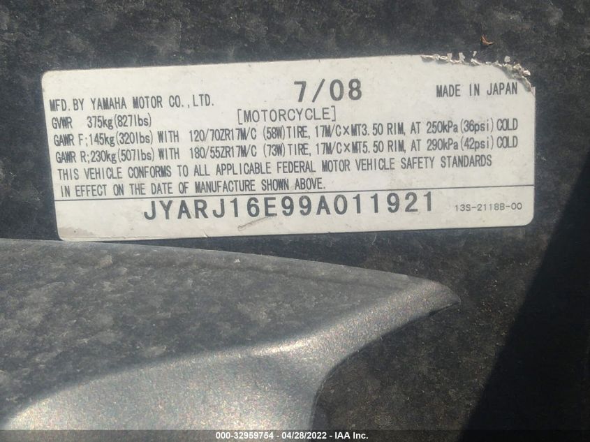 2009 YAMAHA YZFR6 JYARJ16E99A011921