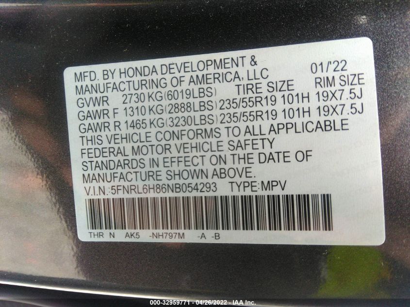2022 HONDA ODYSSEY TOURING 5FNRL6H86NB054293