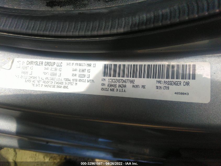 2013 DODGE AVENGER SE 1C3CDZAB7DN677002