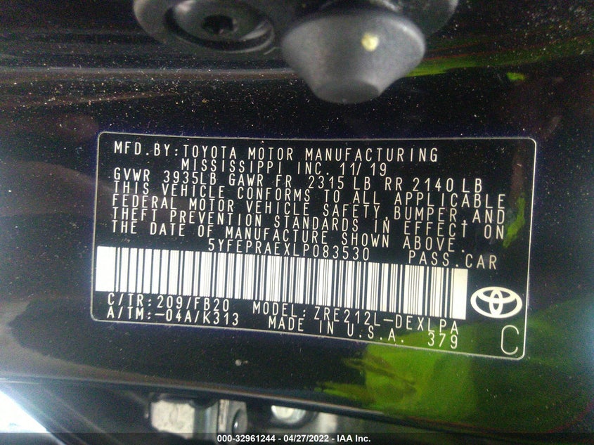 VIN 5YFEPRAEXLP083530 2020 TOYOTA COROLLA LE