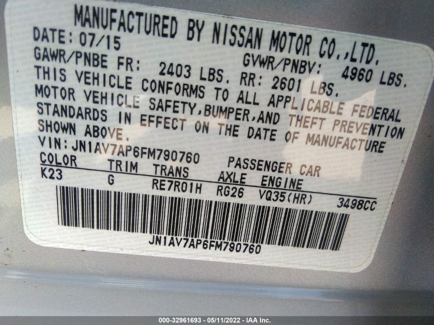 2015 INFINITI Q50 HYBRID SPORT JN1AV7AP6FM790760