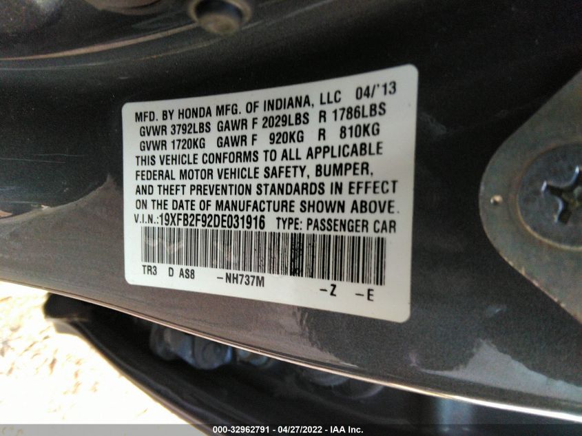 2013 HONDA CIVIC SDN EX-L 19XFB2F92DE031916