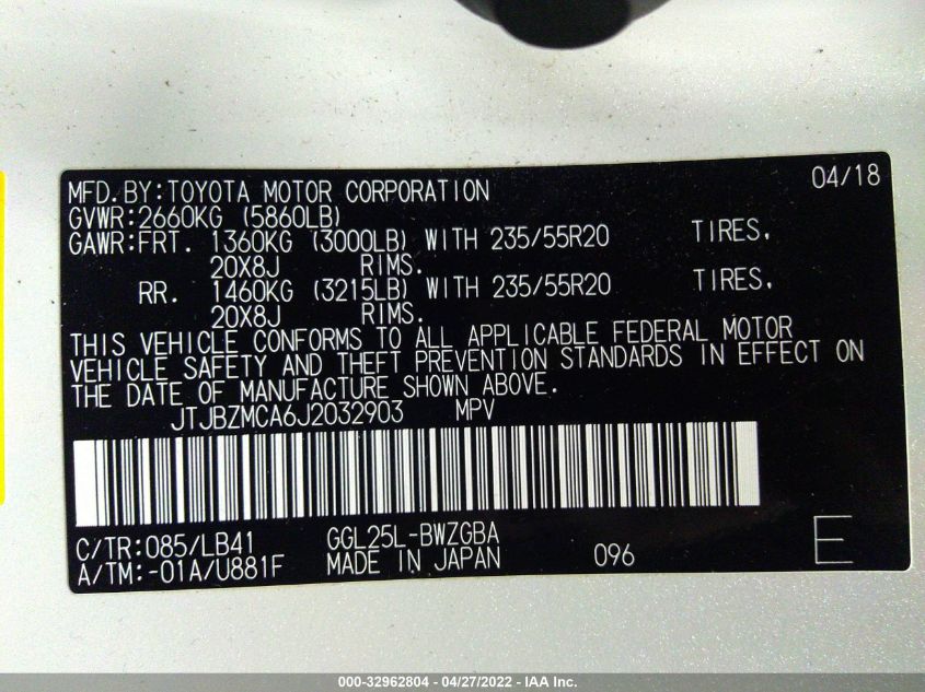 2018 LEXUS RX RX 350 JTJBZMCA6J2032903