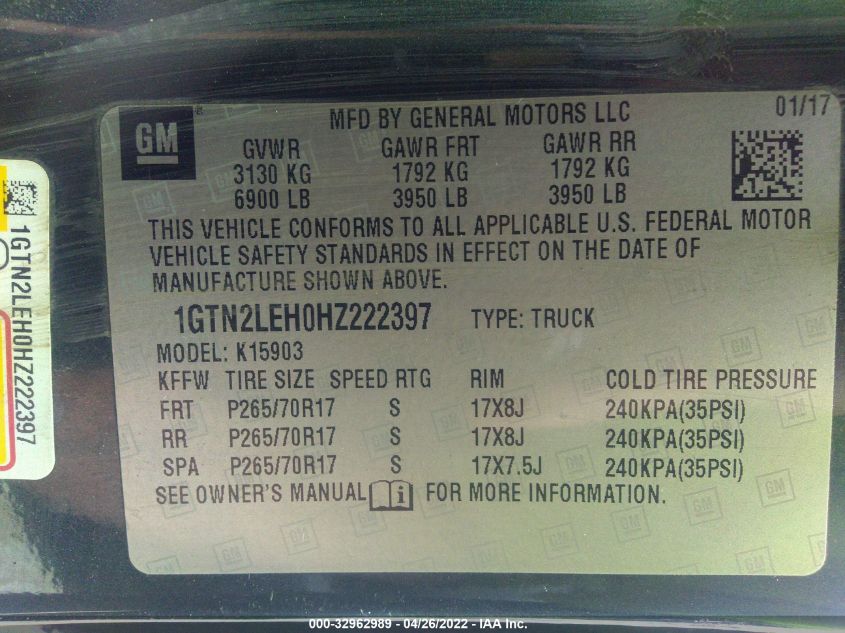 2017 GMC SIERRA 1500 1GTN2LEH0HZ222397