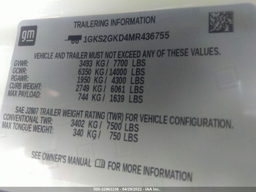 2021 GMC YUKON XL SLT 1GKS2GKD4MR436755
