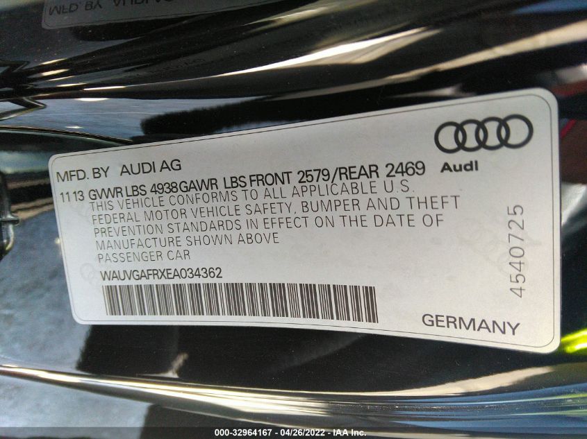 2014 AUDI S5 PRESTIGE WAUVGAFRXEA034362