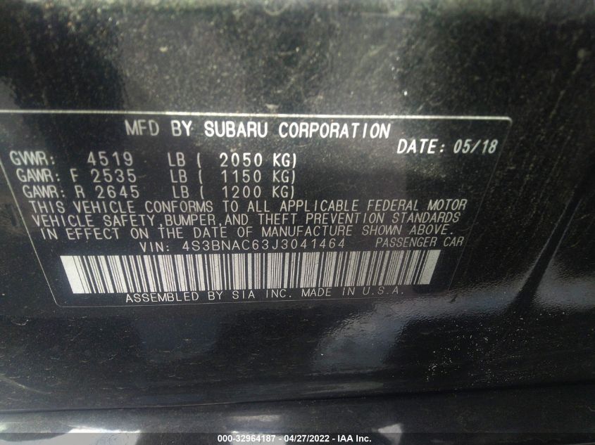 2018 SUBARU LEGACY PREMIUM 4S3BNAC63J3041464
