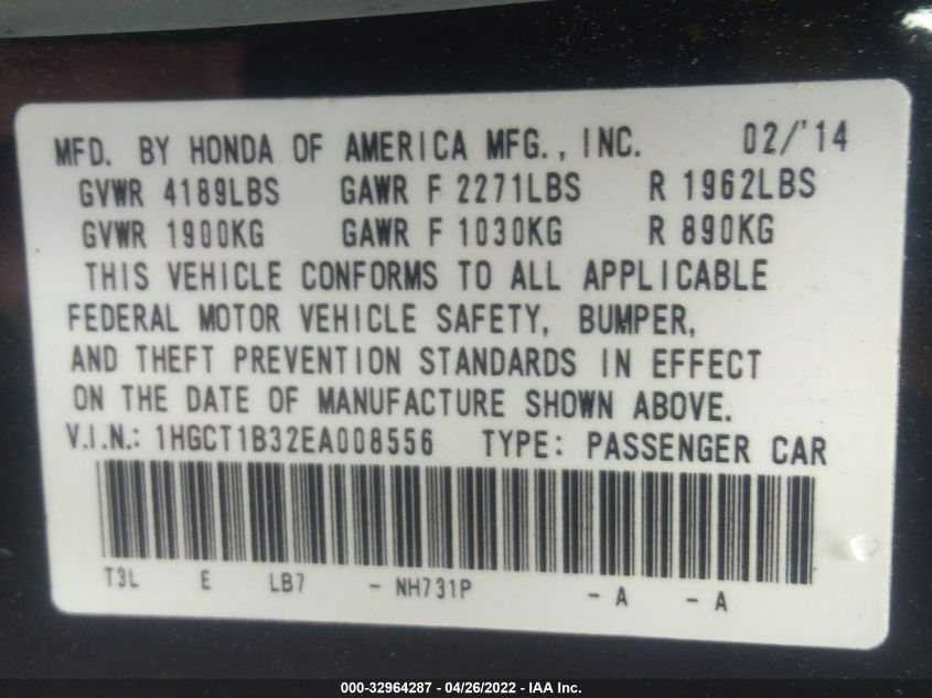 2014 HONDA ACCORD COUPE LX-S 1HGCT1B32EA008556