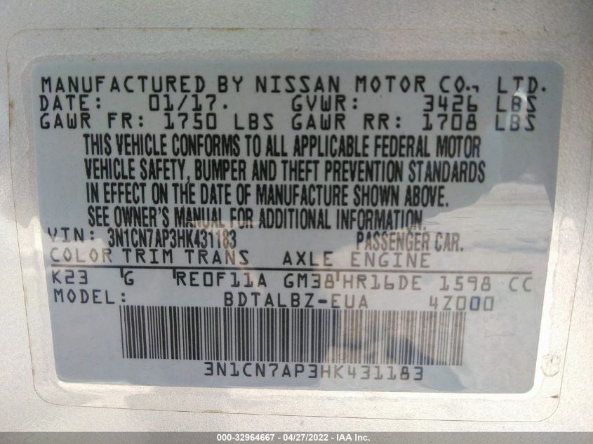 2017 NISSAN VERSA SEDAN SV 3N1CN7AP3HK431183