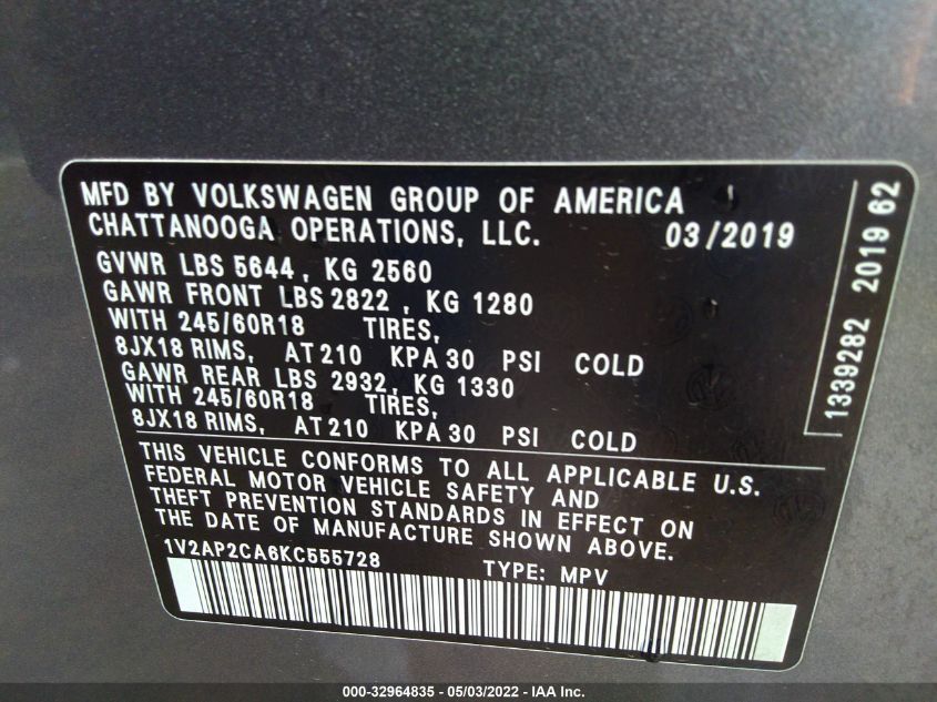 2019 VOLKSWAGEN ATLAS 2.0T S 1V2AP2CA6KC555728