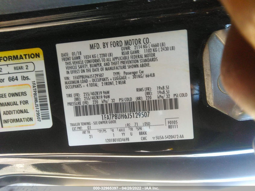 2018 FORD MUSTANG VIN: 1FATP8UH6J5129507