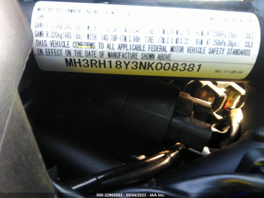2022 YAMAHA YZFR3 A MH3RH18Y3NK008381