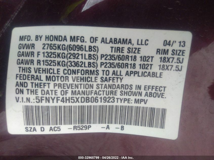 2013 HONDA PILOT EX-L 5FNYF4H5XDB061923