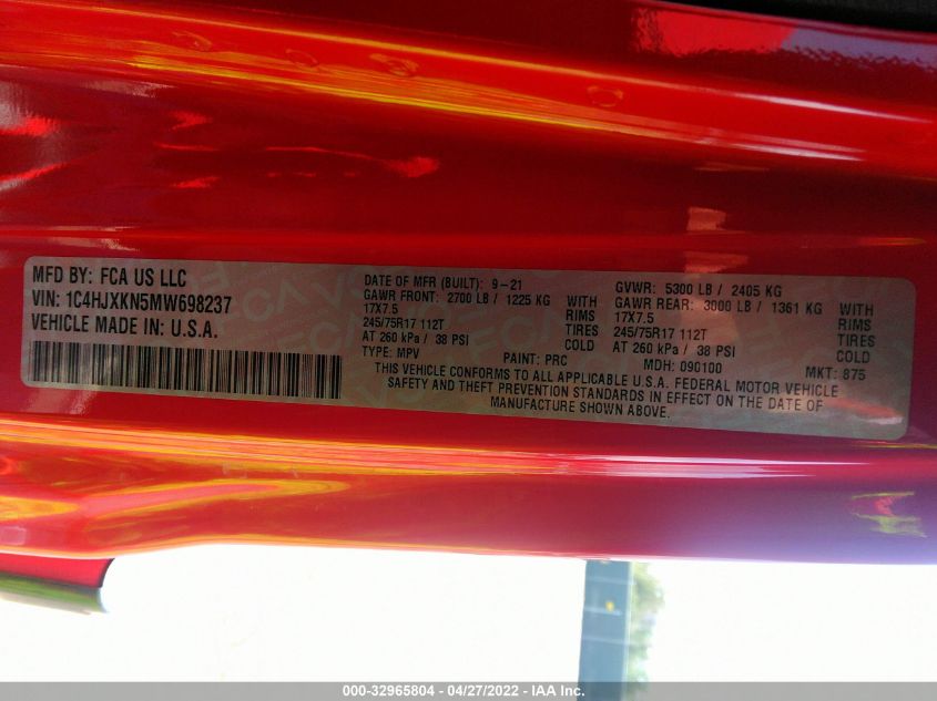 2021 JEEP WRANGLER UNLIMITED SPORT 1C4HJXKN5MW698237