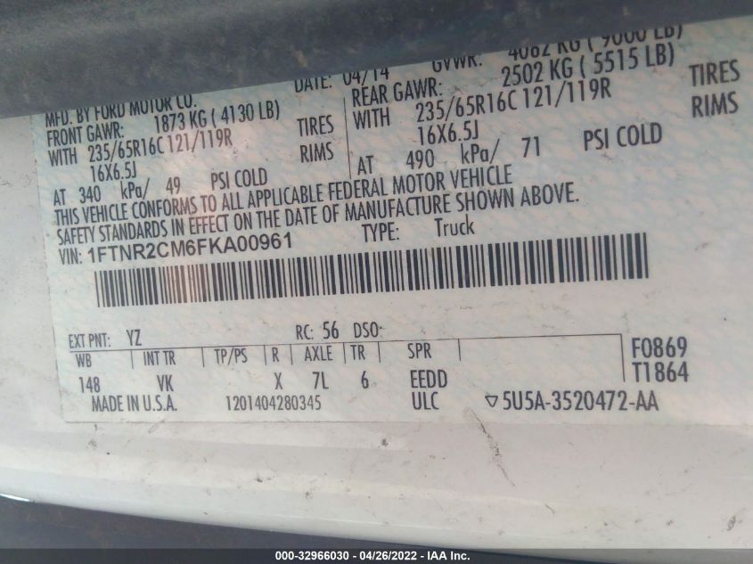2015 FORD TRANSIT CARGO VAN 1FTNR2CM6FKA00961
