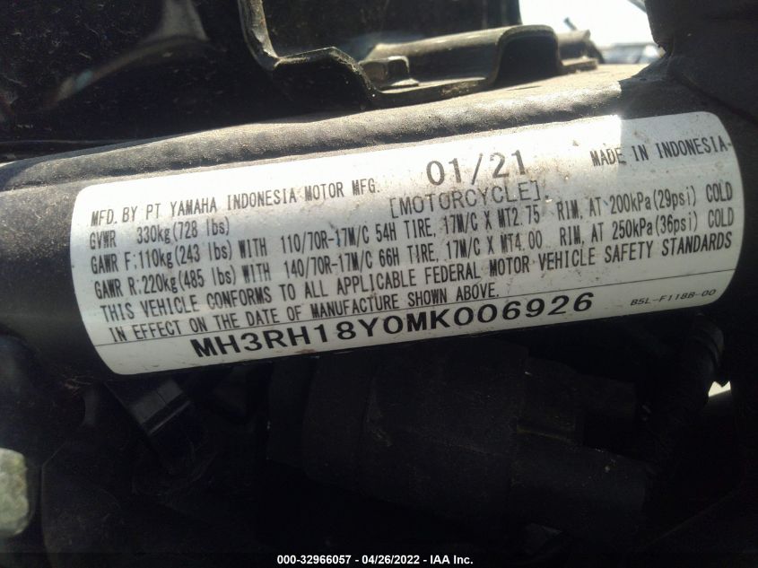 2021 YAMAHA YZFR3 A MH3RH18Y0MK006926