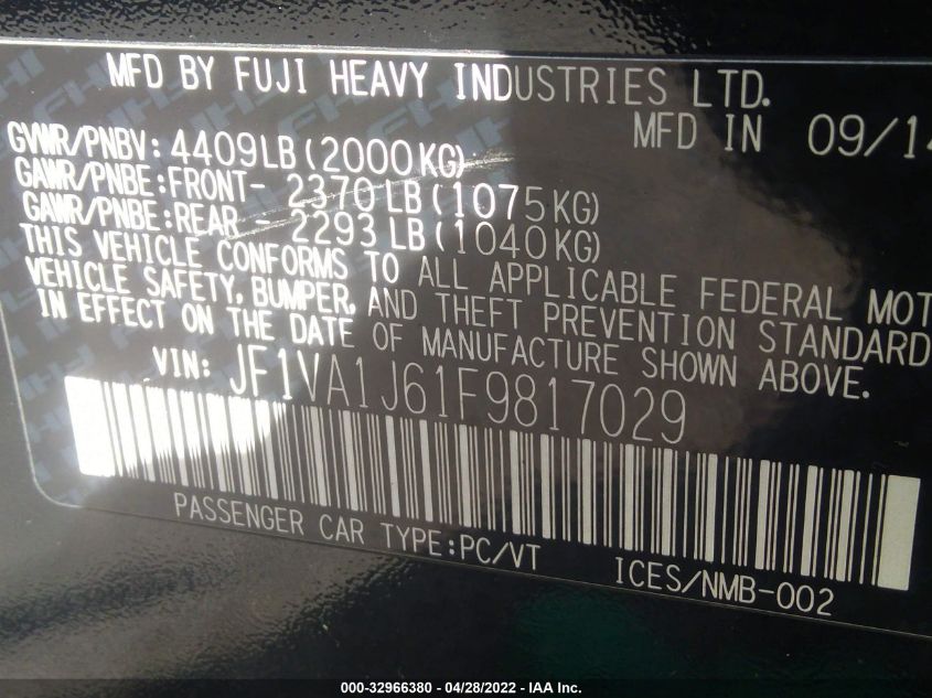 2015 SUBARU WRX LIMITED JF1VA1J61F9817029