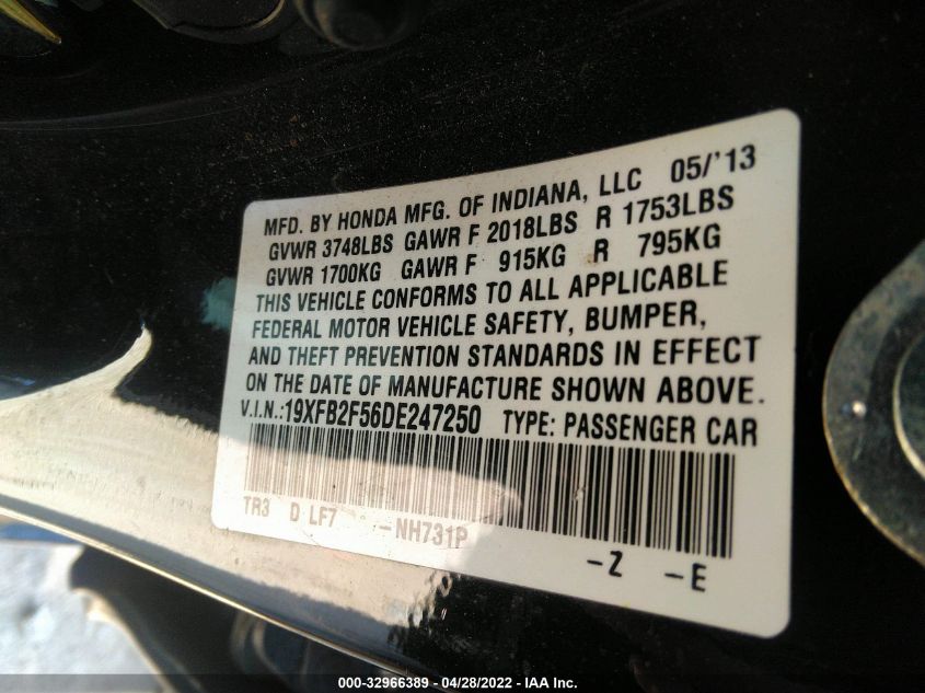 2013 HONDA CIVIC SDN LX 19XFB2F56DE247250