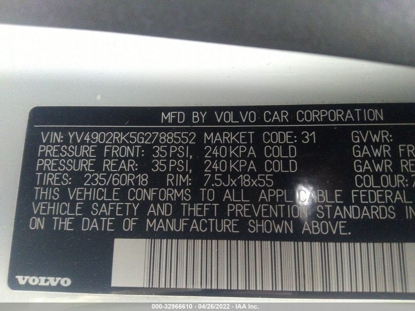 2016 VOLVO XC60 T6 YV4902RK5G2788552