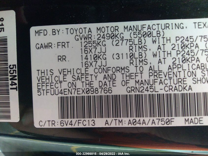 2014 TOYOTA TACOMA 5TFUU4EN7EX098766