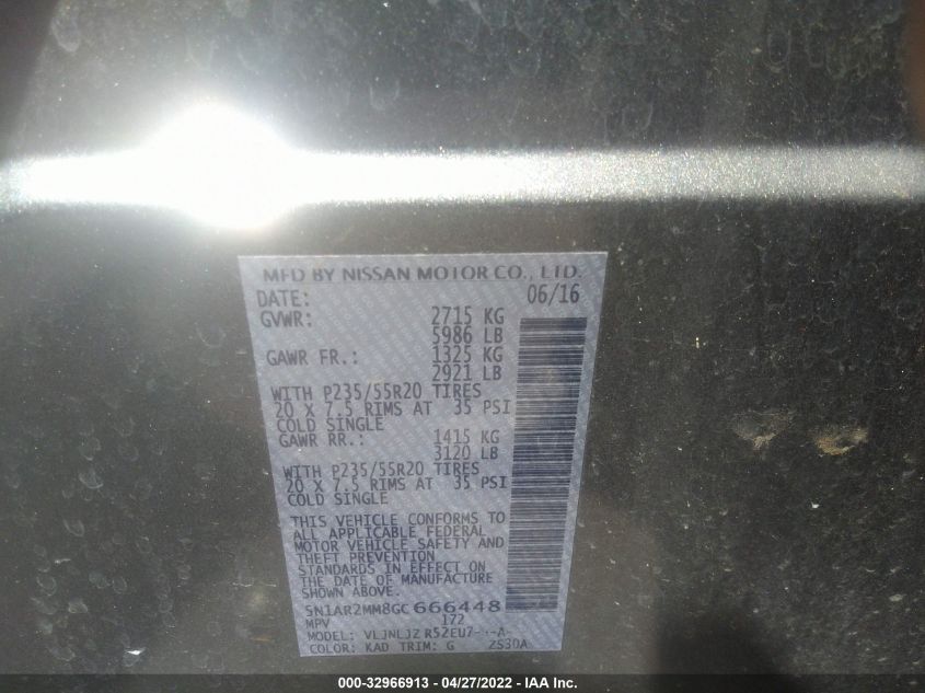 2016 NISSAN PATHFINDER PLATINUM 5N1AR2MM8GC666448