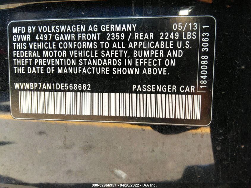 2013 VOLKSWAGEN CC SPORT WVWBP7AN1DE568662