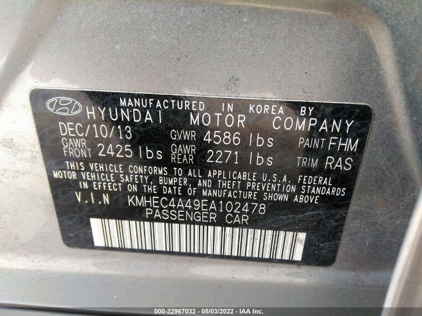 2014 HYUNDAI SONATA HYBRID LIMITED KMHEC4A49EA102478