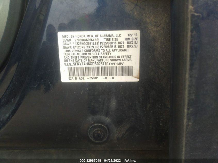 2013 HONDA PILOT EX-L 5FNYF4H6XDB025710