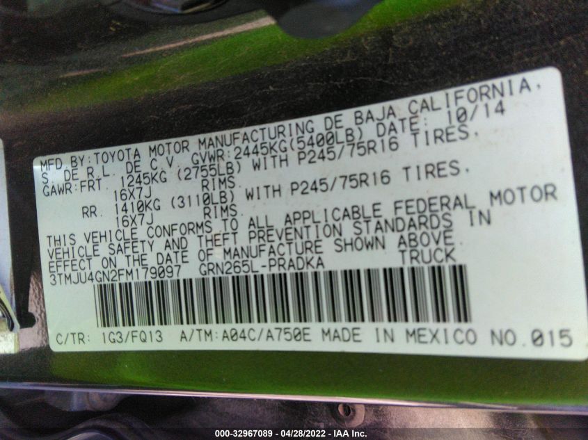 2015 TOYOTA TACOMA PRERUNNER 3TMJU4GN2FM179097