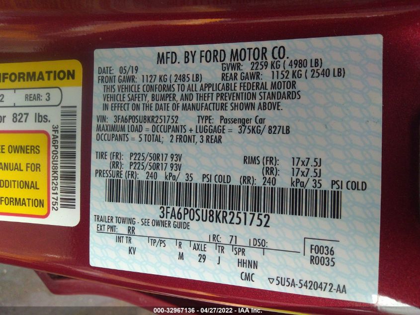 2019 FORD FUSION ENERGI TITANIUM 3FA6P0SU8KR251752