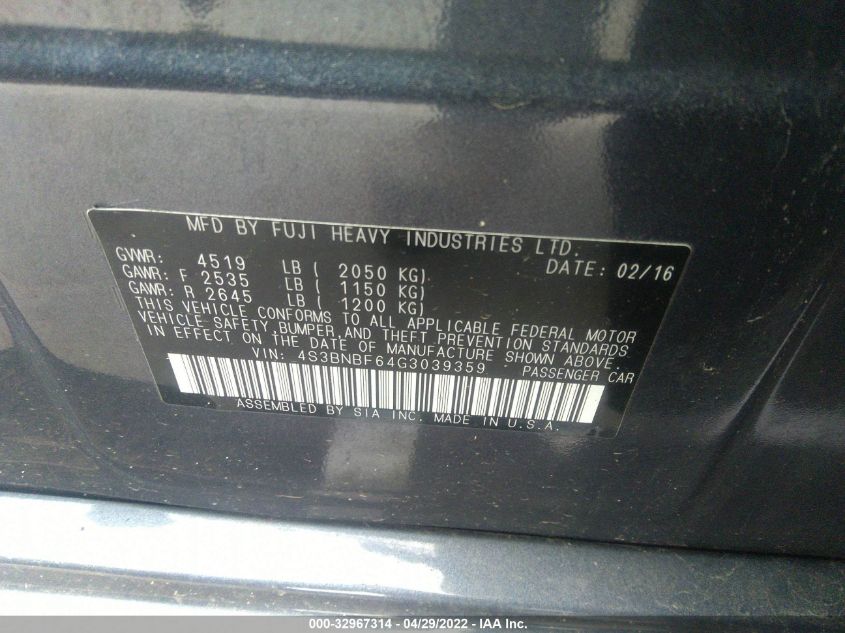 2016 SUBARU LEGACY 2.5I PREMIUM 4S3BNBF64G3039359