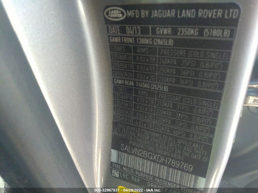 2013 LAND ROVER RANGE ROVER EVOQUE PURE SALVN2BGXDH789769