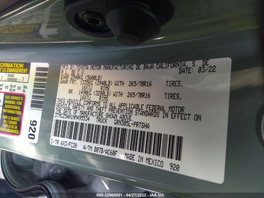 2022 TOYOTA TACOMA 4WD SR/SR5/TRD SPORT 3TMCZ5AN1NM495534