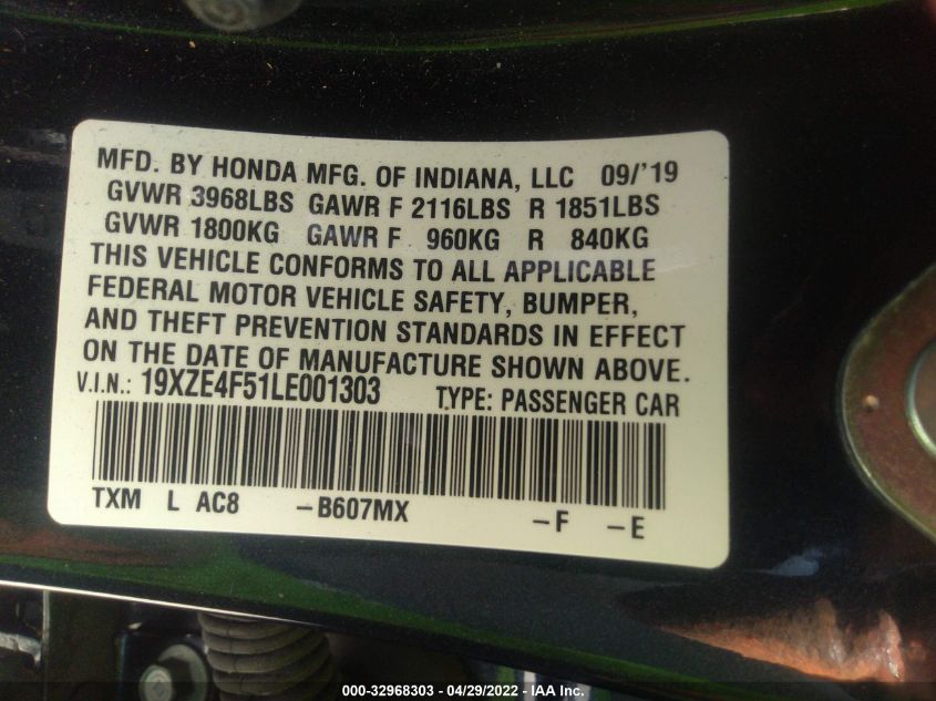 2020 HONDA INSIGHT EX 19XZE4F51LE001303
